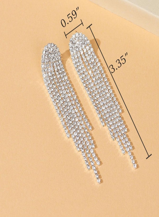 PINCHUAN Silver Prom Earrings for Women Rhinestone Tassel Earrings Sparkly Long Crystal Cz Drop earring Wedding Party Prom Earring Bow Rhinestone Party Jewelry Gifts for Women-silver - Image 2